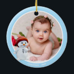 Cute Snowman & Custom Photo on Light Blue Keramisch Ornament<br><div class="desc">Cute Snowman & Custom Photo on Light Blue Ornament.</div>