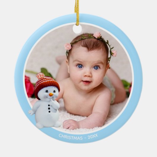 Cute Snowman & Custom Photo on Light Blue Keramisch Ornament (Achterkant)