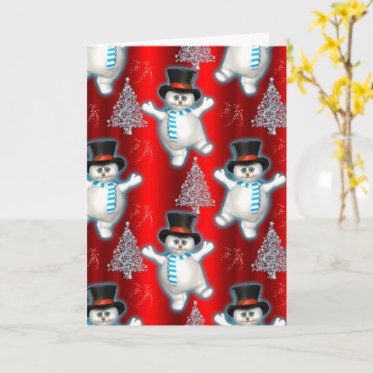 Cute Snowman Dancing Red Kerstmis Kaart (Gele Bloem)