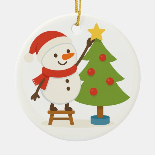 Cute Snowman Decorating Tree Personalized Name Keramisch Ornament (Voorkant)
