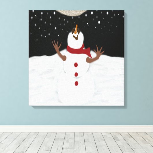Cute Snowman die de maan schilderen Canvas Afdruk (Insitu (Houten vloer))