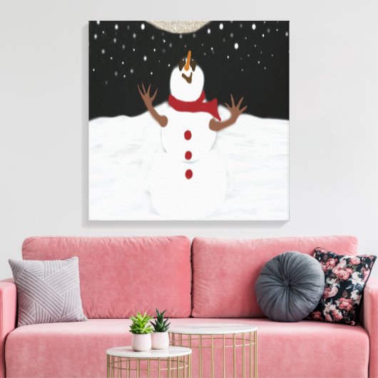 Cute Snowman die de maan schilderen Canvas Afdruk (Insitu (Woonkamer))