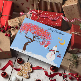 Cute Snowman die naar de maan kijkt Feestdagen Kaart