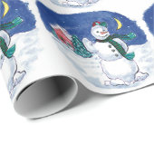 Cute Snowman die 's nachts met Moon zwaait Cadeaupapier (Rol Hoek)