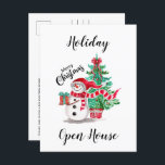 Cute Snowman en Kerstboom Open House Briefkaart<br><div class="desc">Of het nu gaat om zaken of persoonlijk gebruik,  deze briefkaarten met een schattige sneeuwman in Santa hat en feestsjaal voor een kerstboom zijn zeker een glimlach voor de ontvangers. Pas je aan met je eigen gegevens op de achterkant.</div>