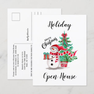 Cute Snowman en Kerstboom Open House Briefkaart