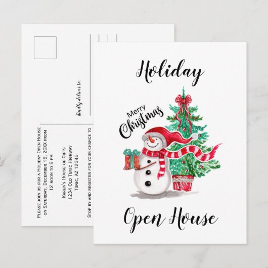 Cute Snowman en Kerstboom Open House Briefkaart (Voorkant / Achterkant)