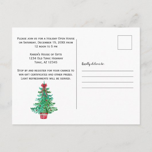 Cute Snowman en Kerstboom Open House Briefkaart (Achterkant)