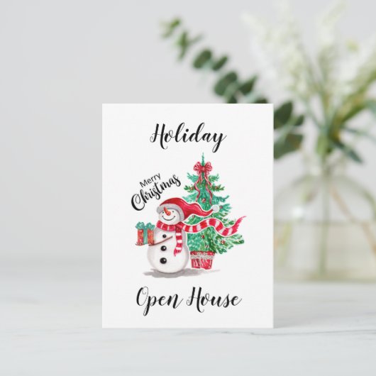 Cute Snowman en Kerstboom Open House Briefkaart (Staand voorkant)