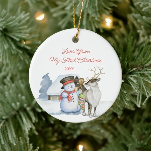 Cute Snowman en Reindeer 1 Kerstmis Keramisch Ornament (Boom)