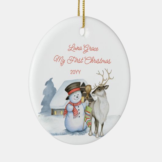 Cute Snowman en Reindeer 1 Kerstmis Keramisch Ornament (Rechts)