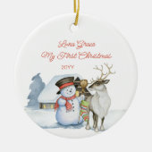 Cute Snowman en Reindeer 1 Kerstmis Keramisch Ornament (Voorkant)