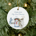 Cute Snowman en Reindeer First Kerstkeramiek Keramisch Ornament<br><div class="desc">Baby eerste kerstfoto-ornament met een schattige sneeuwman en rendier voor een warm verlichte hut in de sneeuw. De sjabloon is klaar voor u om de tekst op de voorkant uit te geven en uw favoriete foto op de achterkant toe te voegen. De foto wordt getoond in vierkante vorm, zodat als...</div>