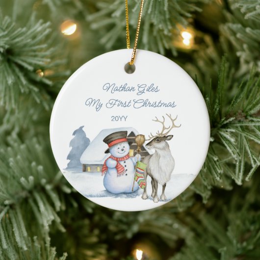 Cute Snowman en Reindeer First Kerstkeramiek Keramisch Ornament (Boom)