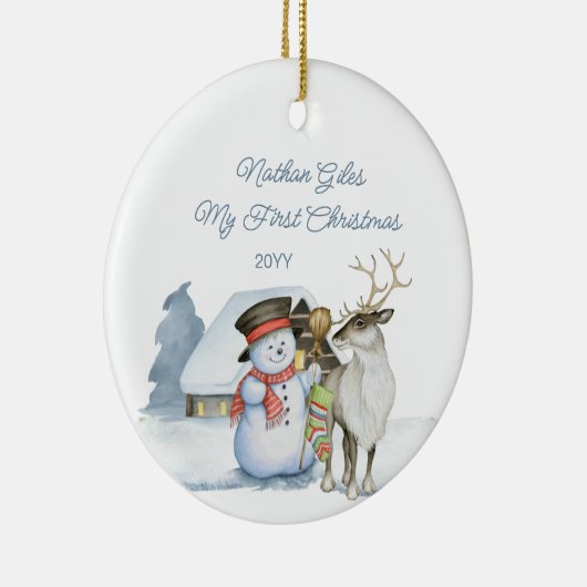 Cute Snowman en Reindeer First Kerstkeramiek Keramisch Ornament (Rechts)