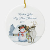 Cute Snowman en Reindeer First Kerstkeramiek Keramisch Ornament (Voorkant)