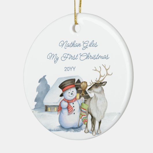 Cute Snowman en Reindeer First Kerstkeramiek Keramisch Ornament (Links)