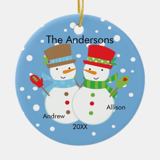 Cute Snowman Familie van 2 kerstversiering Keramisch Ornament (Voorkant)