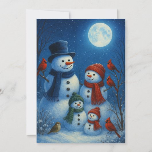 Cute Snowman Family In Snowy Moonlit Night Feestdagenkaart (Voorkant)
