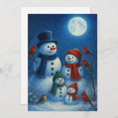 Cute Snowman Family In Snowy Moonlit Night Feestdagenkaart (Voorkant / Achterkant)
