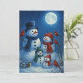 Cute Snowman Family In Snowy Moonlit Night Feestdagenkaart (Staand voorkant)