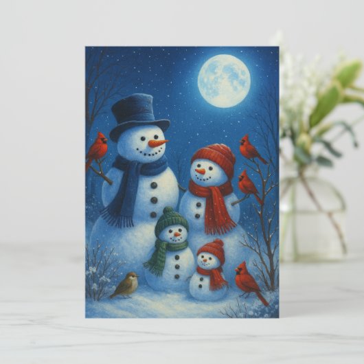 Cute Snowman Family In Snowy Moonlit Night Feestdagenkaart (Staand voorkant)