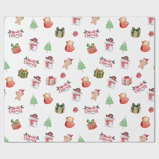 Cute Snowman Gingerbread Man Christmas Pattern Cadeaupapier (Vlak)