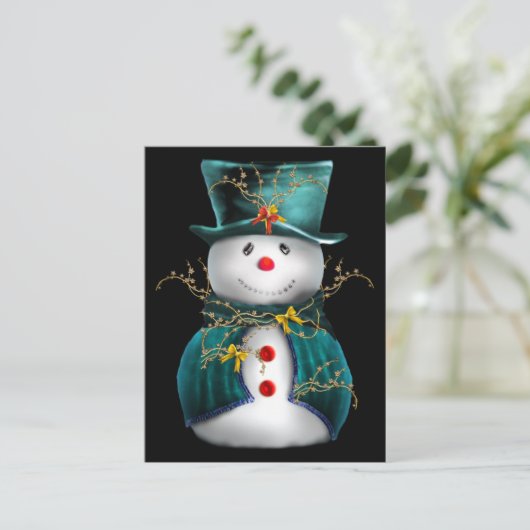 Cute Snowman in Blue en Green Velvet Kerstmis Feestdagenkaart (Staand voorkant)