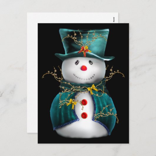 Cute Snowman in Blue en Green Velvet Kerstmis Feestdagenkaart (Voorkant / Achterkant)