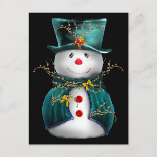 Cute Snowman in Blue en Green Velvet Kerstmis Feestdagenkaart
