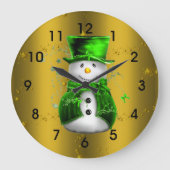 Cute Snowman in Green Velvet op Gold Kerstmis Grote Klok (Voorkant)
