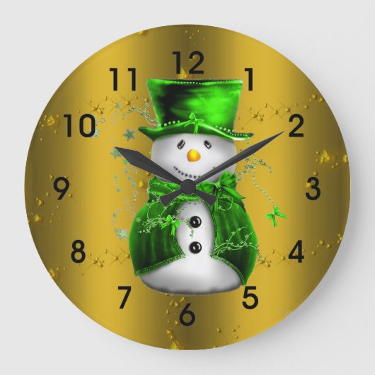 Cute Snowman in Green Velvet op Gold Kerstmis Grote Klok (Voorkant)