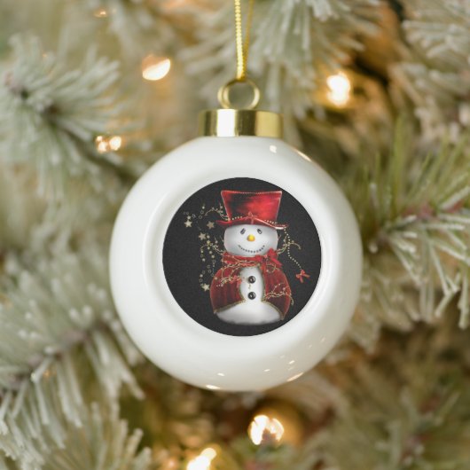 Cute Snowman in Red Velvet Kerstmis Keramische Bal Ornament (Boom)