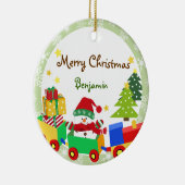Cute Snowman in Speelgoed Train Kerstversiering Keramisch Ornament (Rechts)