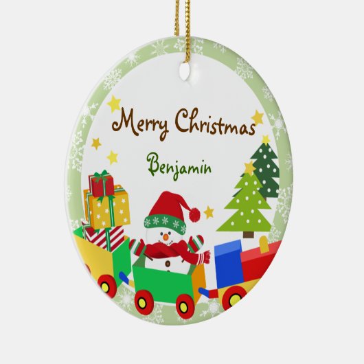 Cute Snowman in Speelgoed Train Kerstversiering Keramisch Ornament (Rechts)