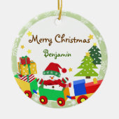 Cute Snowman in Speelgoed Train Kerstversiering Keramisch Ornament (Voorkant)