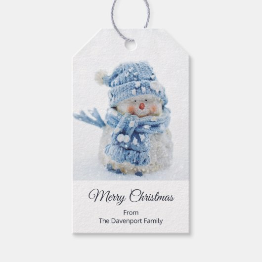 Cute Snowman in Winter Fotografie Kerstmis Cadeaulabel (Voorkant)