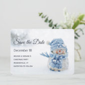 Cute Snowman in Winter Fotografie Kerstmis Save The Date (Staand voorkant)