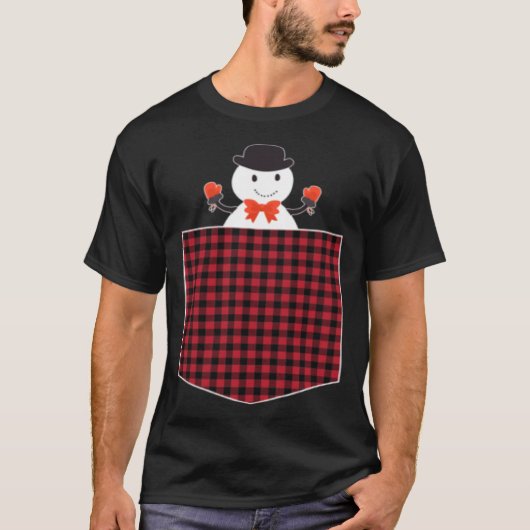 Cute Snowman Inside Buffalo Plaid Pocket Holiday C T-shirt (Voorkant)