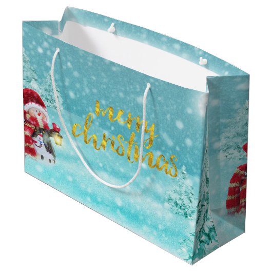 Cute Snowman, Kerstmis Pet, Pine Trees Holiday Groot Cadeauzakje (Achterkant Gekanteld)