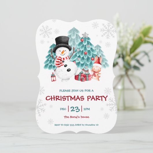Cute Snowman Kerstparty Uitnodiging (Staand voorkant)