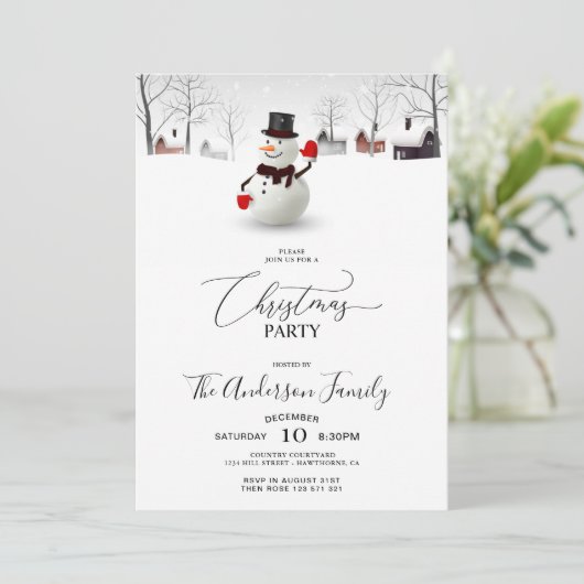 Cute Snowman Kerstparty Uitnodiging (Staand voorkant)