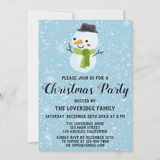 Cute Snowman Kerstparty White Snowflakes Blue Kaart (Voorkant)