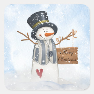Cute Snowman Kinder Waterverf Winterkerst Vierkante Sticker