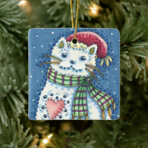 CUTE SNOWMAN KITTEN, SNOWFLAKCAT EN MUIS KERAMISCH ORNAMENT