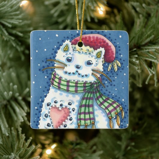 CUTE SNOWMAN KITTEN, SNOWFLAKCAT EN MUIS KERAMISCH ORNAMENT (Boom)