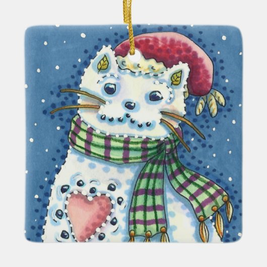CUTE SNOWMAN KITTEN, SNOWFLAKCAT EN MUIS KERAMISCH ORNAMENT (Voorkant)