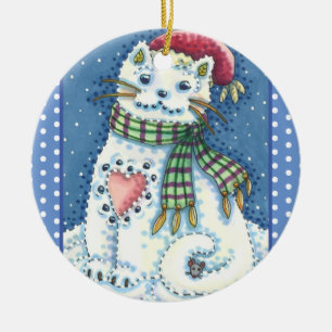 CUTE SNOWMAN KITTEN, SNOWFLAKCAT EN MUIS KERAMISCH ORNAMENT