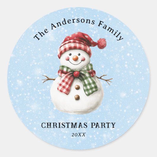 Cute Snowman Merry Christmas Family Party Custom Ronde Sticker (Voorkant)