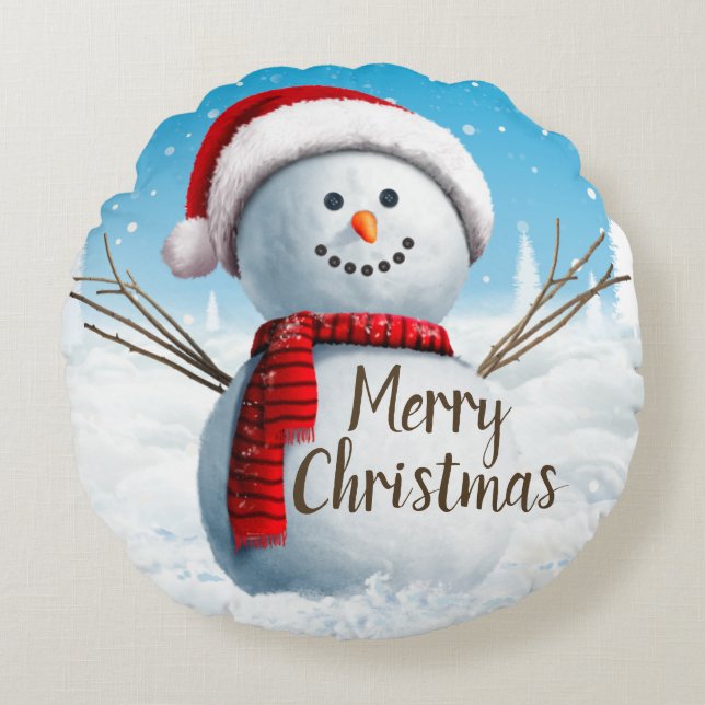 Cute Snowman Merry-kerstronde Pillow Rond Kussen (Voorkant)